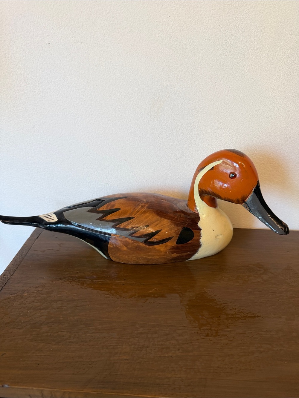 Hand Carved Brown and Black Wood Duck Figurine - Rustic Home Accent